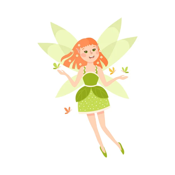 Glad Söt Readhead Girl Fairy med vingar, vackra bevingade Elf prinsessor i grön klänning med fjärilar tecknad stil vektor Illustration — Stock vektor