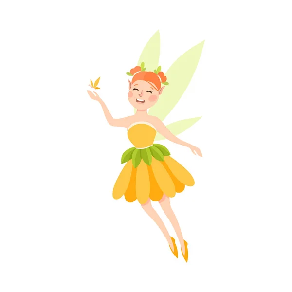 Fée fille mignonne avec papillon, ravissantes princesses elfes ailées volantes en orange Jolie robe Illustration vectorielle de style dessin animé — Image vectorielle