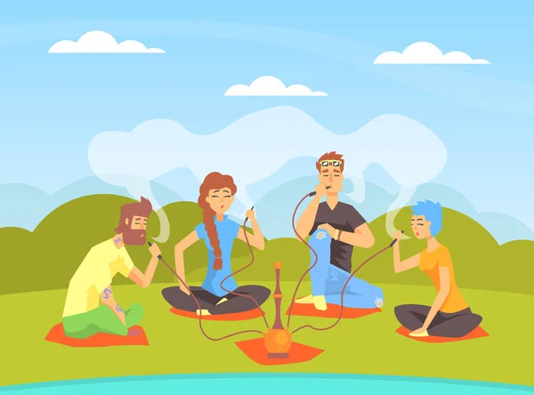 Jovens fumando narguilé enquanto sentado no verão paisagem natural Cartoon Vector Ilustração — Vetor de Stock