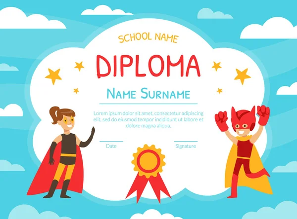 Süper Kahraman Ödülü Diploma Şablonu, Anaokulu, Çocuk Anaokulu Sertifikası, Süper Kahraman Kostümü Giydirilmiş Mutlu Çocuk ve Kız Çizgi Roman Vektör İllüzyonu — Stok Vektör