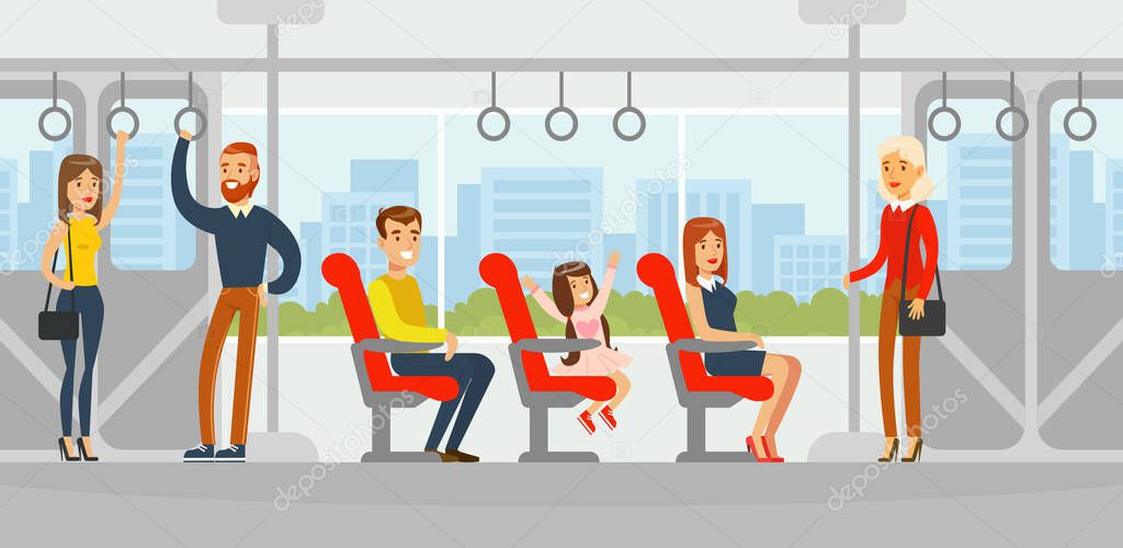 Passengers Travelling by Bus, People Using Public Urban Transport Cartoon Vector Illustration