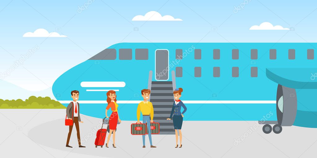 People Boarding on Airplane, Passenger and Stewardess Standing at Jet Ladder to Board for Travel in Airport Cartoon Vector Illustration