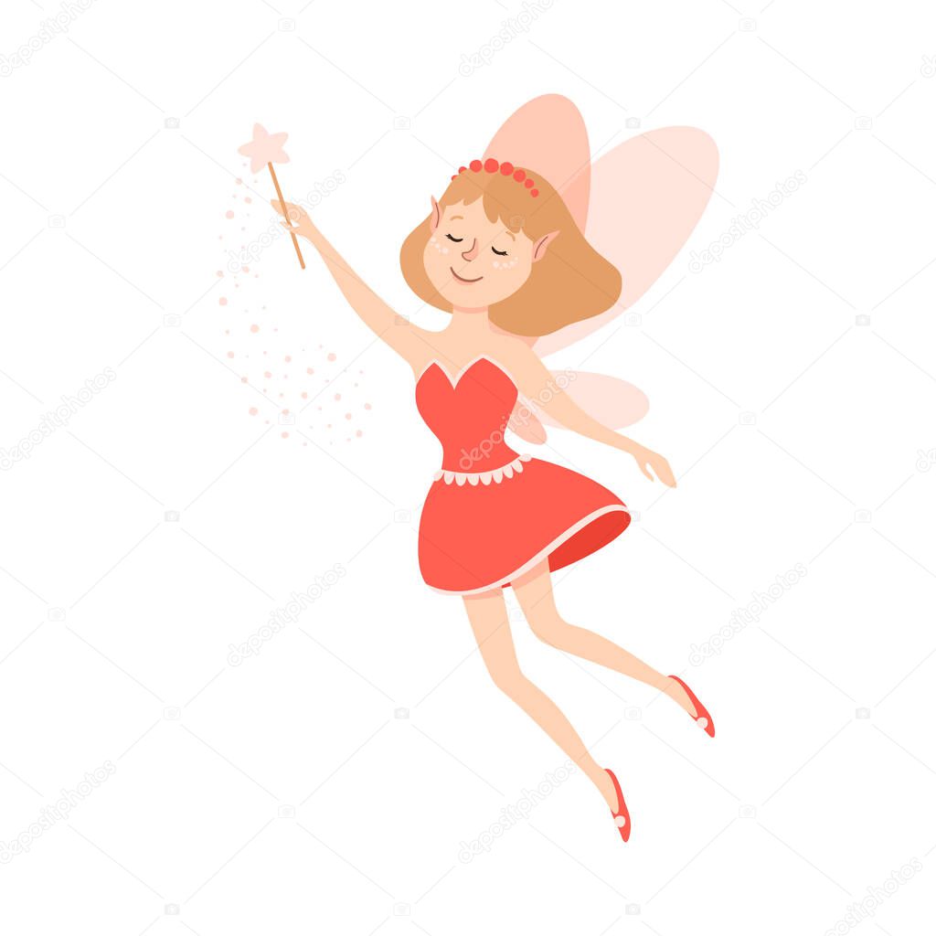 Cute Girl Fairy with Magic Wand, Lovely Flying Winged Elf Princesses in Red Dress Cartoon Style Vector Illustration