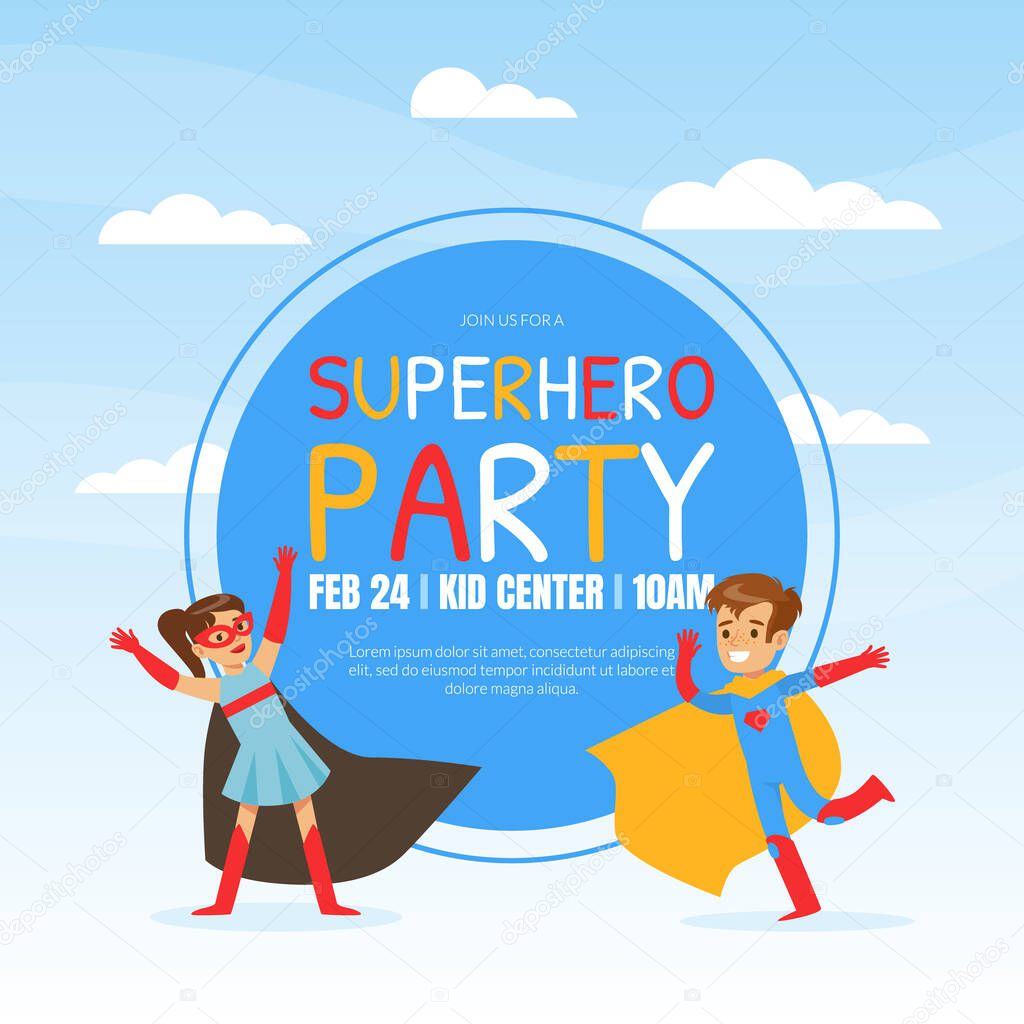 Superhero Party Invitation Template, Happy Birthday Banner, Kids Party Flyer Design Cartoon Vector Illustration