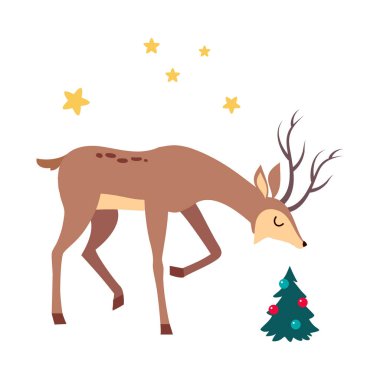 Güzel Noel Geyiği ve Madalyalı Ağaç, Mutlu Noeller ve Yeni Yıl, Mutlu Kış Tatilleri Çizgi Film Stili Çizgi Roman Resimleri