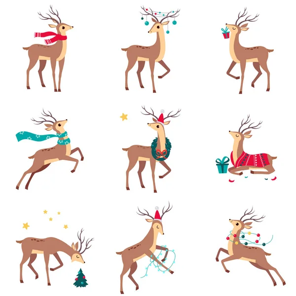 Piękny zestaw jelenie Boże Narodzenie, Wesołych Świąt i Nowego Roku, Happy Winter Holidays Concept Styl kreskówki Wektor ilustracji — Wektor stockowy