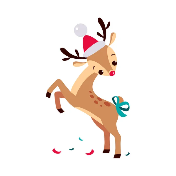 Cute Christmas Fawn w Santa Hat z łukiem na ogon, Wesołych Świąt i Nowego Roku, Happy Winter Holidays Concept Wektor stylu kreskówek ilustracji — Wektor stockowy