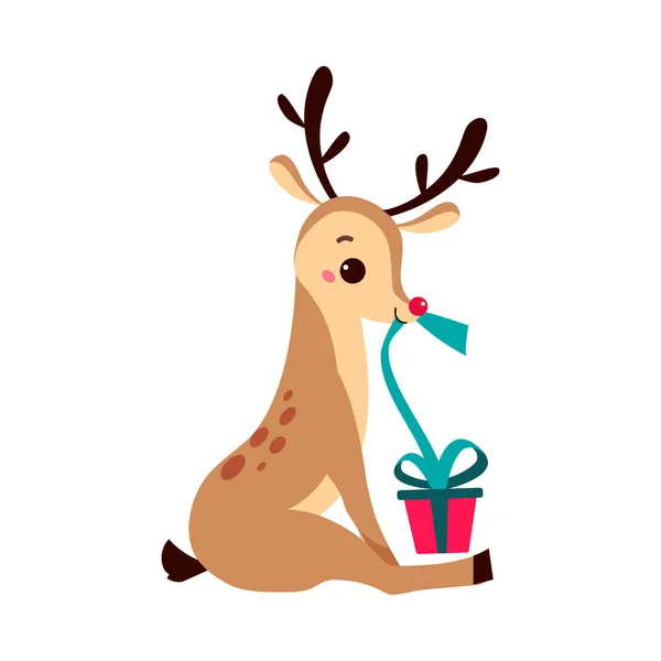 Roztomilý vánoční koloušek se současností Box, Veselé Vánoce a Nový rok, Veselé zimní prázdniny koncepce karikatury styl vektorové ilustrace — Stockový vektor