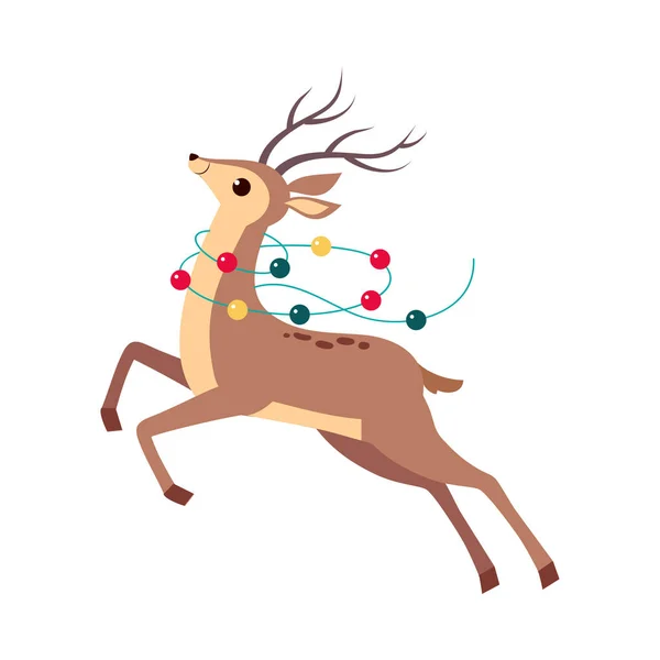 Hermoso salto de ciervo de Navidad decorado con guirnalda, Feliz Navidad y Año Nuevo, Feliz concepto de vacaciones de invierno Dibujos animados Estilo Vector Ilustración — Vector de stock