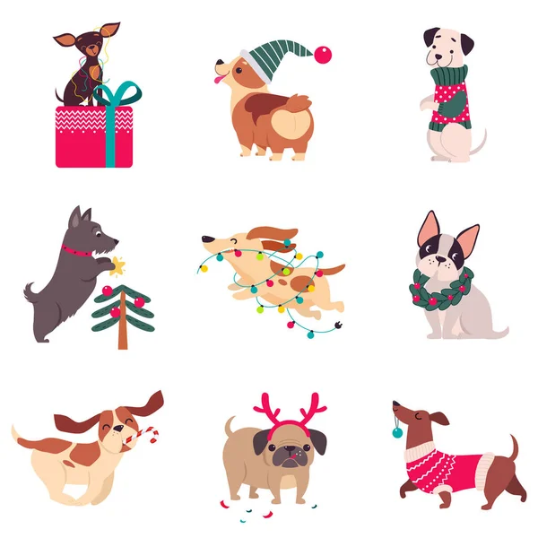 Perros divertidos con símbolos de Navidad Set, Navidad y Año Nuevo, Felices Fiestas de Invierno Concepto Dibujos Animados Estilo Vector Ilustración — Vector de stock