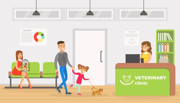 Papá y su hija llevando a su perro a la clínica veterinaria, atención médica de mascotas, tratamiento médico, prevención e inmunización Vector Illustration — Vector de stock