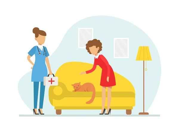 Vet Clinic Service, medico veterinario che visita e cura il gatto a casa illustrazione del vettore del fumetto — Vettoriale Stock