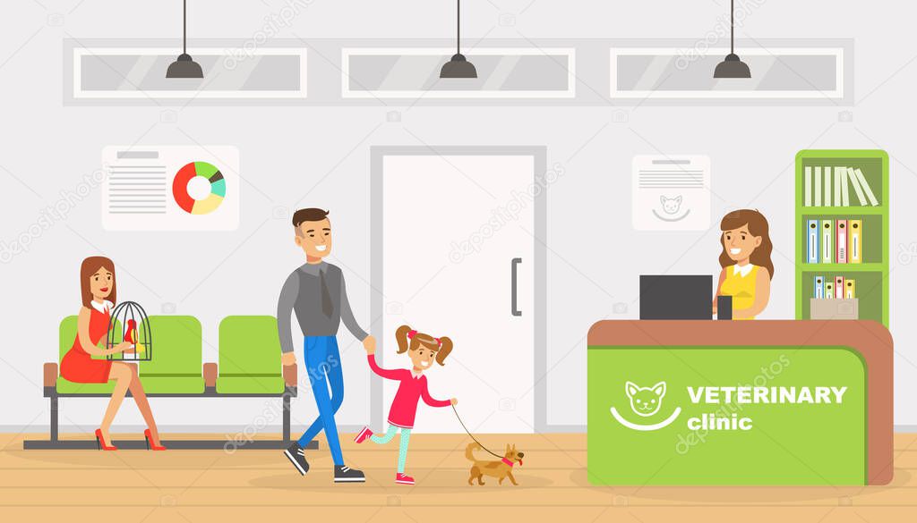 Dad and his Daughter Taking their Dog to Veterinary Clinic, Pets Healthcare, Medical Treatment, Prevention and Immunization Vector Illustration