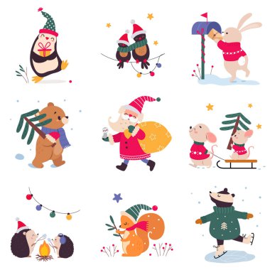 Xmas Hayvanlar Çizgi Filmi Karakterleri, Mutlu Noeller ve Mutlu Yıllar Kış Tatili Vektör İllüzyonu