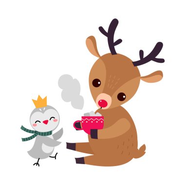 Marshmallowlu bir fincan kakao içeceği, Sevimli Xmas Hayvan Çizgi Filmi Karakteri, Mutlu Noeller ve Mutlu Yeni Yıl Vektör İllüzyonu