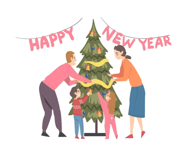 圣诞快乐家庭装饰圣诞树与小游戏，父母和孩子准备节日庆祝，圣诞快乐和新年漫画风格的病媒图解 — 图库矢量图片