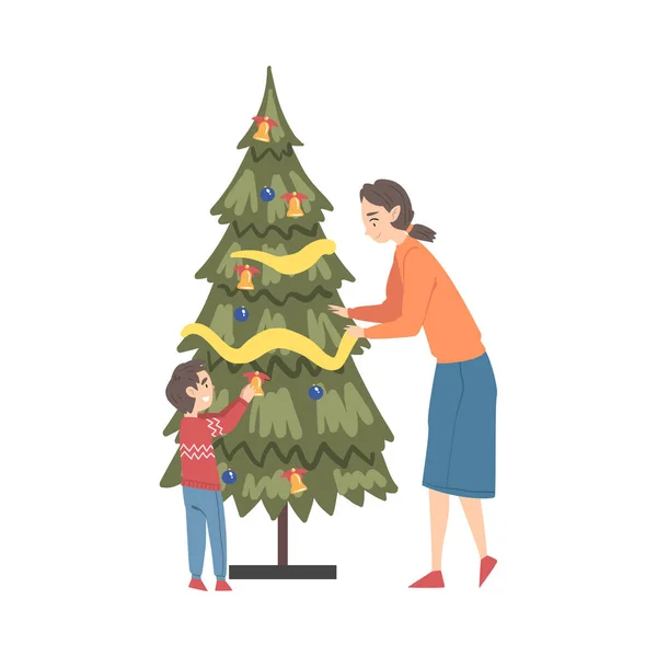 Madre e figlio che decorano l'albero di Natale, felice famiglia che si prepara per la festa, Buon Natale e Capodanno Cartoon Style Vector Illustration — Vettoriale Stock