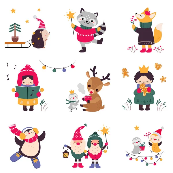 Xmas Animals Cartoon Characters Collection, Merry Christmas and Happy New Year Holidays Vector Illustration — 스톡 벡터