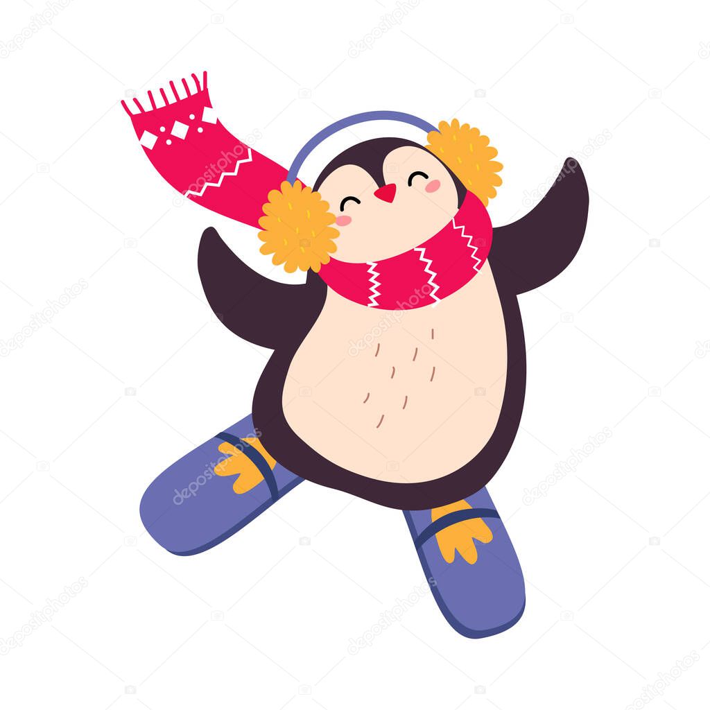Xmas Penguin Cartoon Character, Merry Christmas and Happy New Year Cartoon Style Vector Illustration