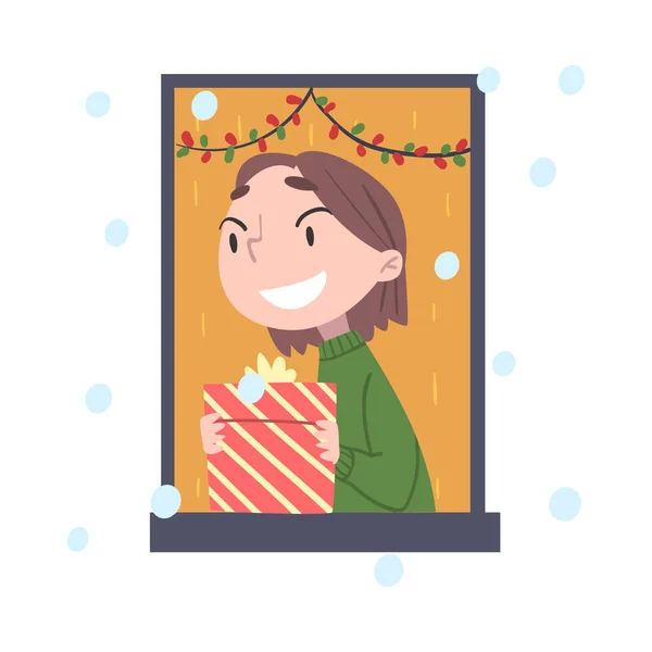 Симпатичная девочка, выглядывающая из окна, ребенок, дающий или получающий подарочную коробку с котлетой, веселый Рождество и Новый год, счастливые зимние каникулы и вектор — стоковый вектор