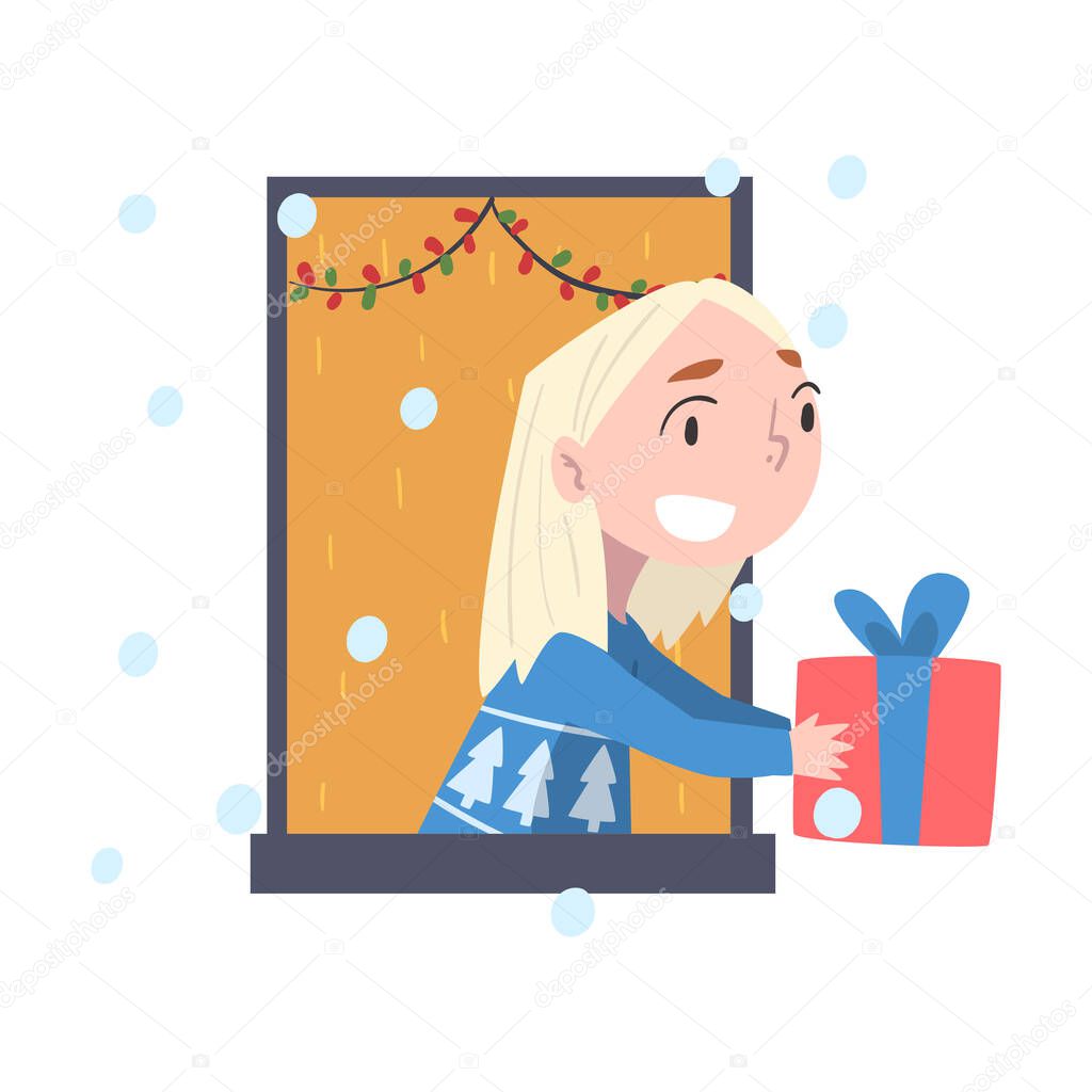 Blonde Girl Looking out of the Window, Kid Giving or Receiving Christmas Gift, Merry Xmas and New Year, Happy Winter Holidays Concept Vector Illustration