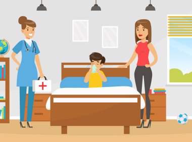 Doktor, hasta çocuğu muayene ediyor, yatağında yatıyor, tıp uzmanı, anne, tıbbi bakım ve tedaviyle konuşuyor ve vektör ilülasyonu yapıyor.