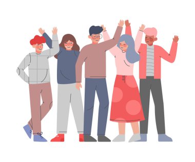 Yükselmiş Elli Gençler, Ayakta Duran Gençler, Dostluk, Dayanışma, Gönüllülük, Oy Verme, Başarı Kutlaması Çizgi Film Biçimli Vektör İlülasyonu