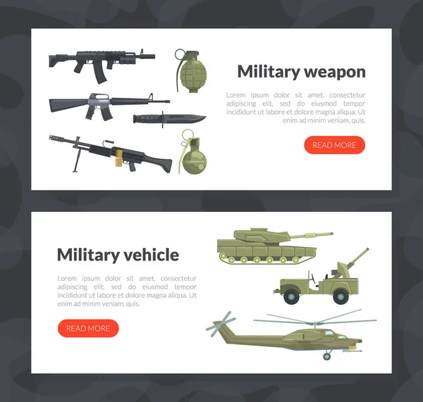 Military Weapon and Vehicles Landing Page Templates Set, Website Interface Design Flat Vector Illustration — Stock Vector