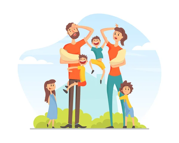 Familia numerosa con muchos niños, padres cansados con niños traviesos ilustración vectorial de dibujos animados — Vector de stock