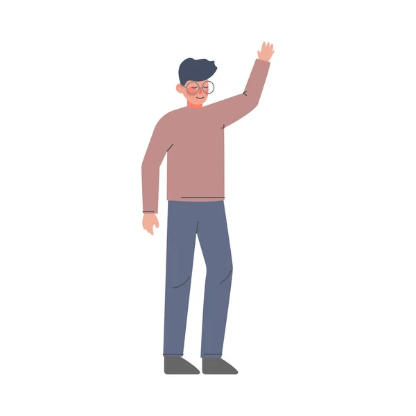 Mann steht mit erhobener Hand, Guy Volunteering, Voting, Freedom of Choice Konzept Cartoon Style Vector Illustration — Stockvektor