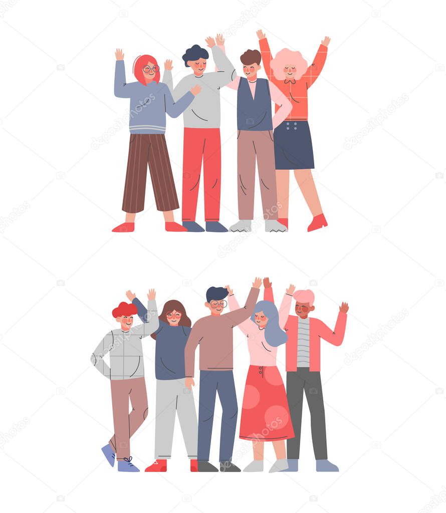 People Standing with Raising Hands Set, Men and Women Standing Hands Up, Friendship, Solidarity, Success Celebration Concept Cartoon Style Vector Illustration