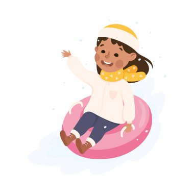 Sıcak Atkı ve Şapka Giyen Neşeli Kız Tepe Altındaki Kar Kanalı Çizimi