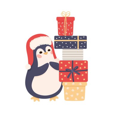 Penguen, Kış Kürkü Şapkasının Yeni Yıl Karakteri Paketlenmiş Hediye Kutuları İllüstrasyonunun Yakınında