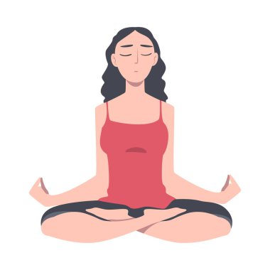 Kapalı Gözlü ve Çapraz Ayaklı Kadın Lotus Konumunda Oturarak Yoga Vektör Çizimi Yapıyor