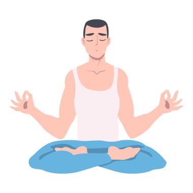 Kapalı Gözlü Erkek ve Çarpık Bacaklı Lotus Konumunda Oturarak Yoga Vektör Çizimi Yapıyor