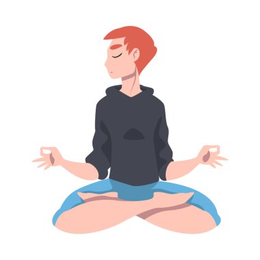 Kapalı Gözlü ve Çapraz Ayaklı Kadın Lotus Konumunda Oturarak Yoga Vektör Çizimi Yapıyor