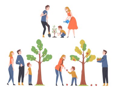 İnsan Karakterleri Ağacı Sulama ve Meyve Seçme Vektörü Çizim Kümesi