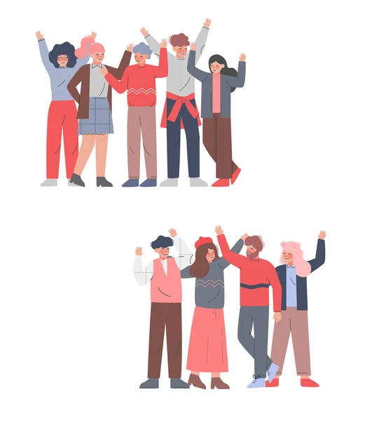 People with Raised Hands Set, Team of Young Girls and Guys Standing Hands Up, Friendship, Solidarity, Volunteering, Voting Cartoon Style Illustration — стоковий вектор