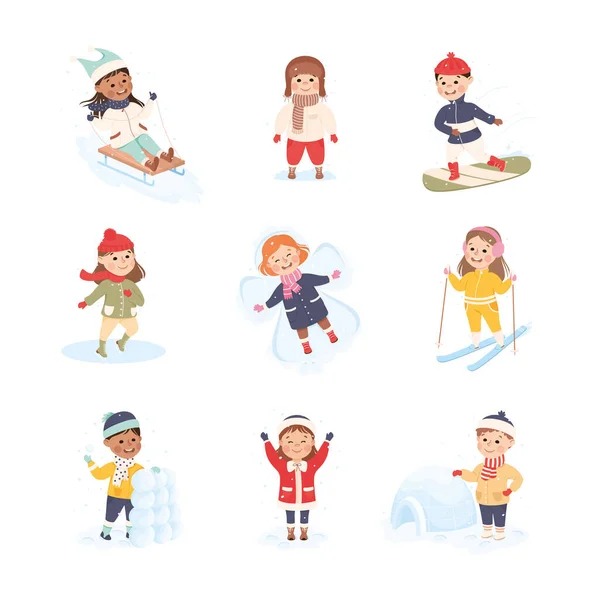 Children Enjoying Winter Fun Activities in Snow Sledging, Skiing, Ice Skating Vector Set — Stock Vector