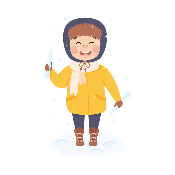 Smiling Boy Holding Icicle and Enjoy Winter Holiday Vector Illustration — Vector de stoc