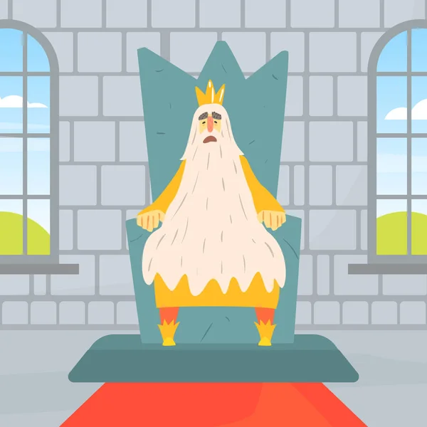 Funny Bearded Old King Character Sitting on Throne, Medieval Castle Interior Cartoon Vector Illustration — Stock Vector