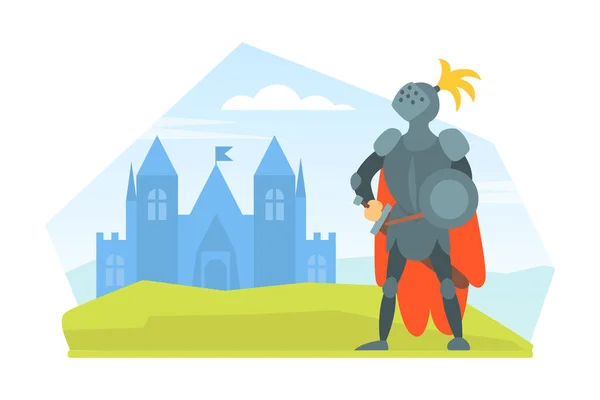 Guerrero caballero medieval con armadura completa de pie en el paisaje de la naturaleza con el castillo ilustración vectorial de dibujos animados — Archivo Imágenes Vectoriales