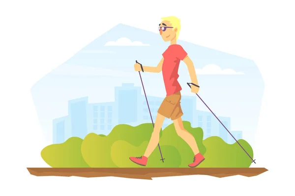 Mladý muž vystupující severské chůze v parku, Lidé ve sportovním oblečení se těší procházky v open air karikatury ilustrace — Stockový vektor
