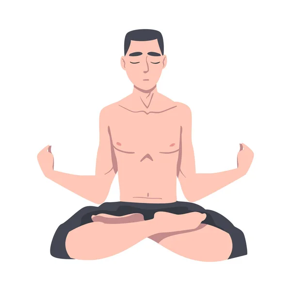 Young Man Cross-legged Sitting in Padmasana or Lotus Position Vector Illustration — Stock Vector