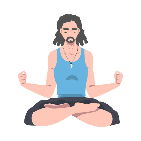 Hombre con los ojos cerrados y las piernas cruzadas sentado en posición de loto practicando yoga Vector Ilustración — Archivo Imágenes Vectoriales