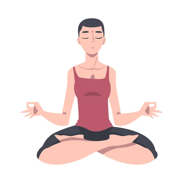 Meditative Female Engaged in Pranayama Practice Sitting in Lotus Position Vector Illustration — Stock Vector