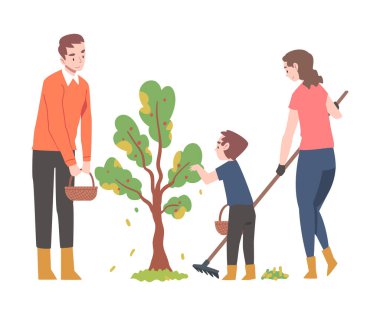 Çocuklu Genç Adam ve Kadın Bahçe İşlerinde Ağaç Bakımı İllüstrasyonu