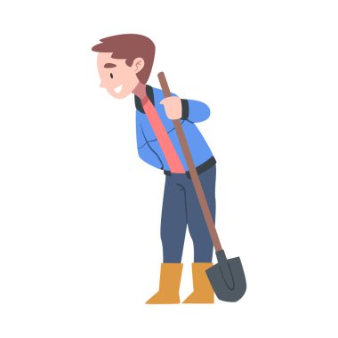 Lastik Çizmeli Küçük Çocuk Kürek Vektör Resimleriyle Duruyor