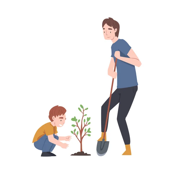 Man Father and His Kid Planting Tree Sapling with Shovel Vector Illustration —  Vetores de Stock