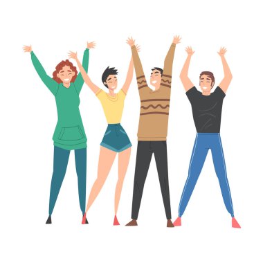 Yükselen Eller Vektör İllüstrasyonu ile Birlikte Duran İnsan Karakterleri Grubu